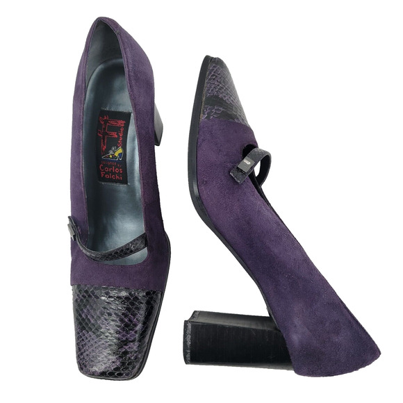 Carlos Falchi Vintage Size 6.5 Purple Suede Leather high Heels Retro Square Toe - Picture 1 of 9
